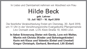 Traueranzeige von Hilde Beck von OÖNachrichten