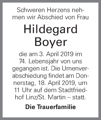 Traueranzeige von Hildegard Boyer von OÖNachrichten