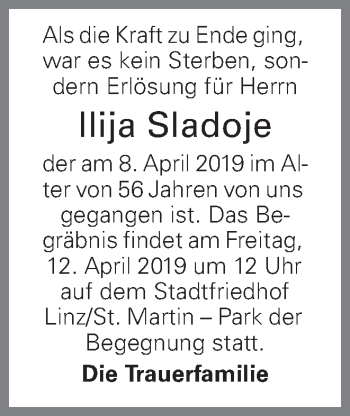Traueranzeige von Ilija Sladoje von OÖNachrichten