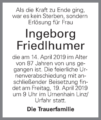 Traueranzeige von Ingeborg Friedlhumer von OÖNachrichten