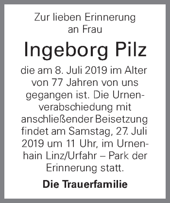 Traueranzeige von Ingeborg Pilz von OÖNachrichten