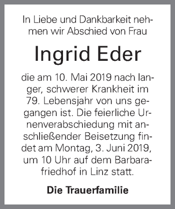 Traueranzeige von Ingrid Eder von OÖNachrichten