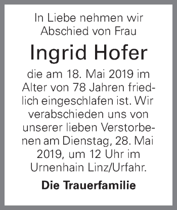 Traueranzeige von Ingrid Hofer von OÖNachrichten