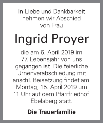 Traueranzeige von Ingrid Proyer von OÖNachrichten