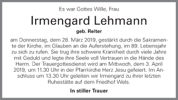 Traueranzeige von Irmengard Lehmann von OÖNachrichten