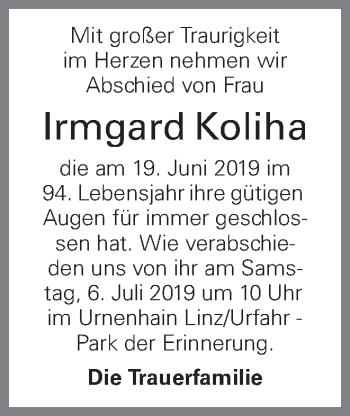 Traueranzeige von Irmgard Koliha von OÖNachrichten