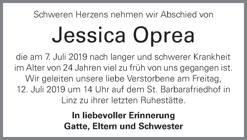  Traueranzeige für Jessica Oprea vom 10.07.2019 aus OÖNachrichten