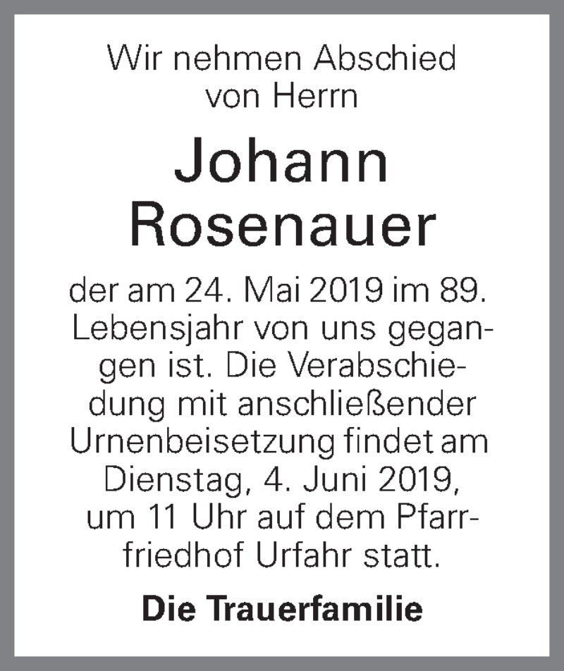  Traueranzeige für Johann Rosenauer vom 17.07.2019 aus OÖNachrichten