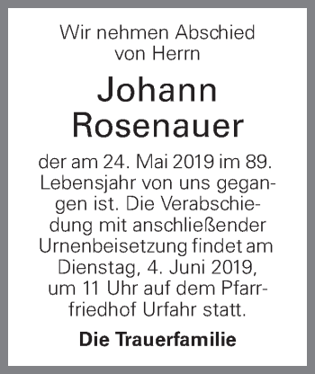 Traueranzeige von Johann Rosenauer von OÖNachrichten