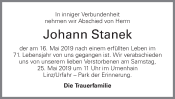 Traueranzeige von Johann Stanek von OÖNachrichten