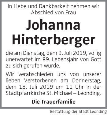 Traueranzeige von Johanna Hinterberger von OÖNachrichten