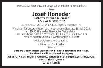 Traueranzeige von Josef Honeder von OÖNachrichten