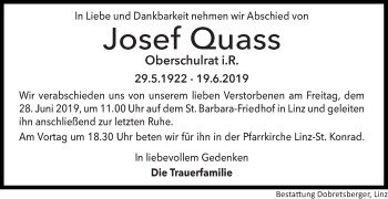 Traueranzeige von Josef Quass von OÖNachrichten