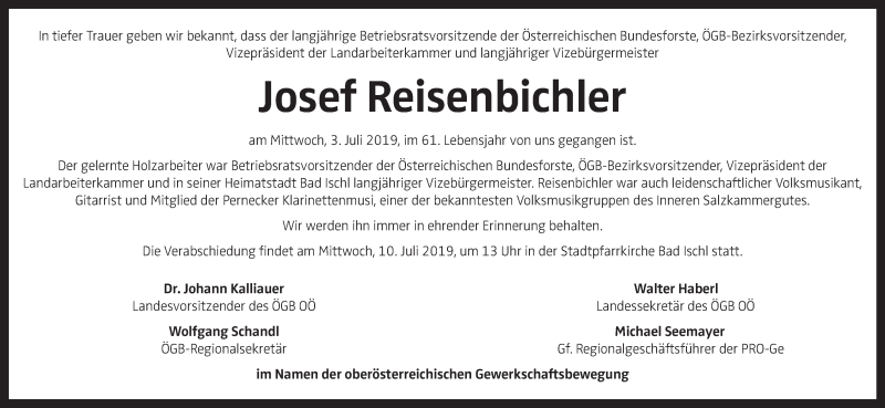  Traueranzeige für Josef Reisenbichler vom 06.07.2019 aus OÖNachrichten