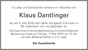 Traueranzeige von Klaus Dantlinger von OÖNachrichten