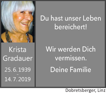 Traueranzeige von Krista Gradauer von OÖNachrichten
