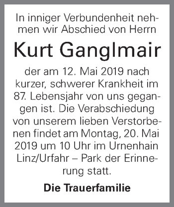 Traueranzeige von Kurt Ganglmair von OÖNachrichten