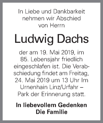 Traueranzeige von Ludwig Dachs von OÖNachrichten