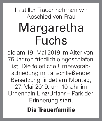 Traueranzeige von Margaretha Fuchs von OÖNachrichten