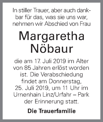 Traueranzeige von Margaretha Nöbaur von OÖNachrichten