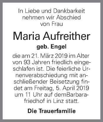 Traueranzeige von Maria Aufreither von OÖNachrichten