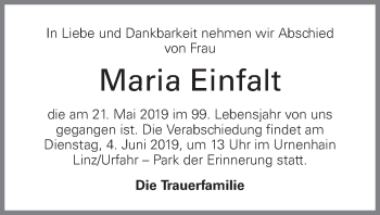 Traueranzeige von Maria Einfalt von OÖNachrichten