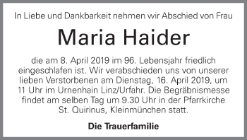 Traueranzeige von Maria Haider von OÖNachrichten