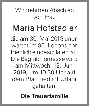 Traueranzeige von Maria Hofstadler von OÖNachrichten