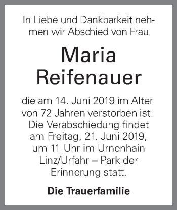 Traueranzeige von Maria Reifenauer von OÖNachrichten