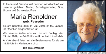 Traueranzeige von Maria Renoldner von OÖNachrichten