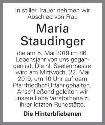 Traueranzeige von Maria Staudinger von OÖNachrichten