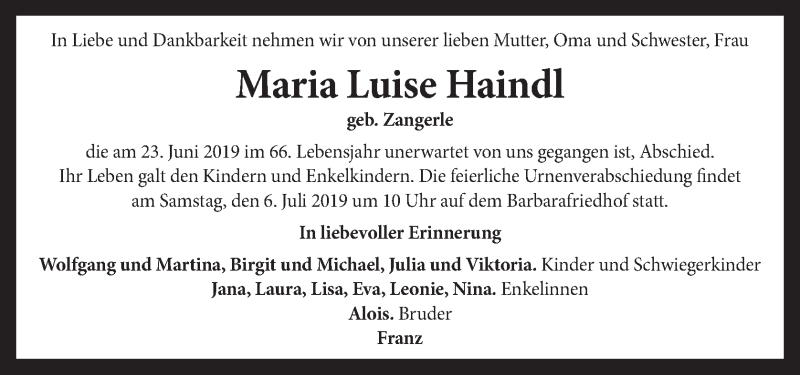  Traueranzeige für Maria Luise Haindl vom 05.07.2019 aus OÖNachrichten