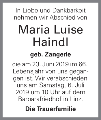 Traueranzeige von Maria Luise Haindl von OÖNachrichten
