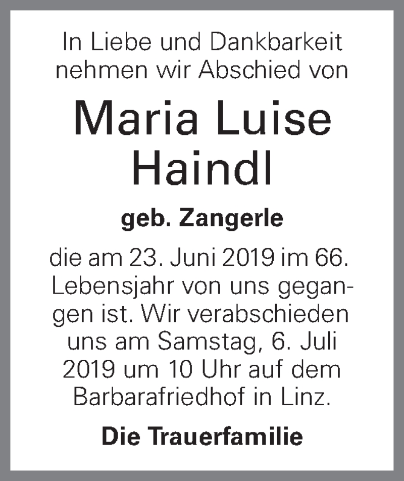  Traueranzeige für Maria Luise Haindl vom 04.07.2019 aus OÖNachrichten