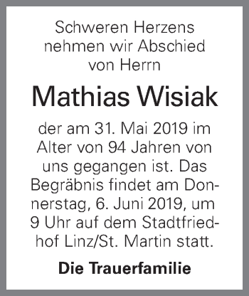 Traueranzeige von Mathias Wisiak Wisiak von OÖNachrichten