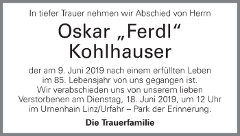 Traueranzeige von Oskar Kohlhauser von OÖNachrichten