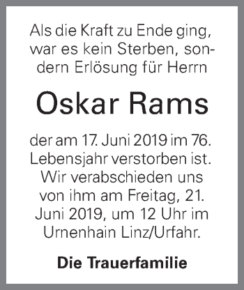 Traueranzeige von Oskar Rams von OÖNachrichten