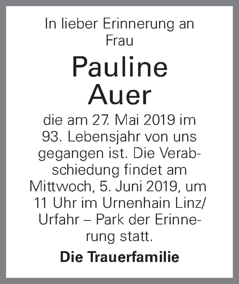  Traueranzeige für Pauline Auer vom 03.07.2019 aus OÖNachrichten