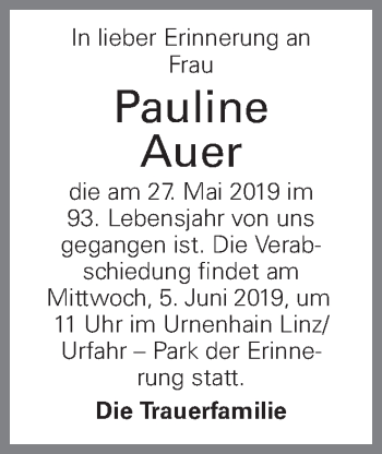 Traueranzeige von Pauline Auer von OÖNachrichten