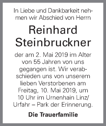 Traueranzeige von Reinhard Steinbruckner von OÖNachrichten