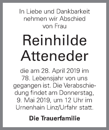 Traueranzeige von Reinhilde Atteneder von OÖNachrichten