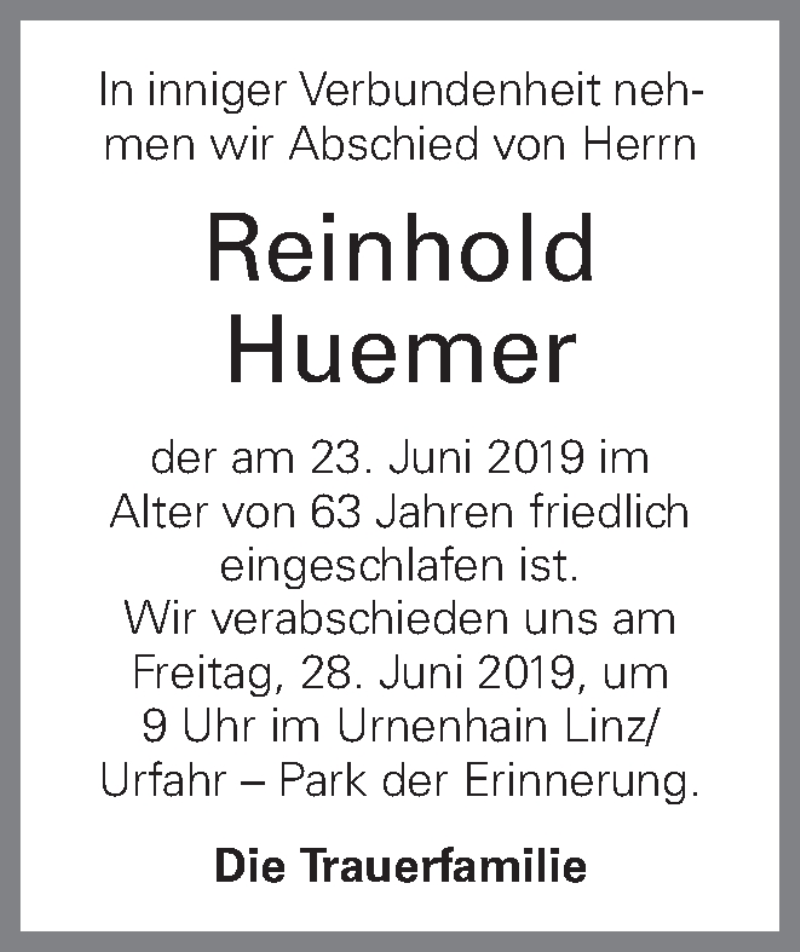  Traueranzeige für Reinhold Huemer vom 28.06.2019 aus OÖNachrichten