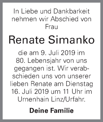 Traueranzeige von Renate Simanko von OÖNachrichten