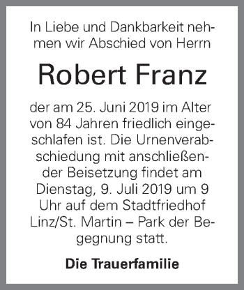 Traueranzeige von Robert Franz von OÖNachrichten