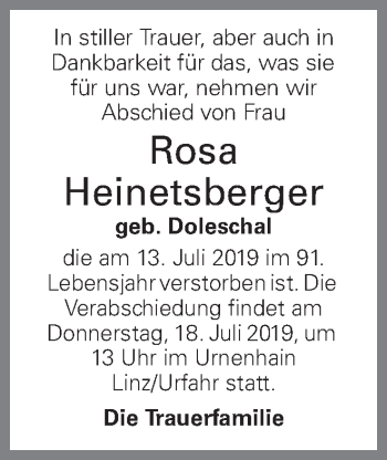 Traueranzeige von Rosa Heinetsberger von OÖNachrichten