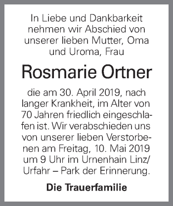 Traueranzeige von Rosmarie Ortner von OÖNachrichten