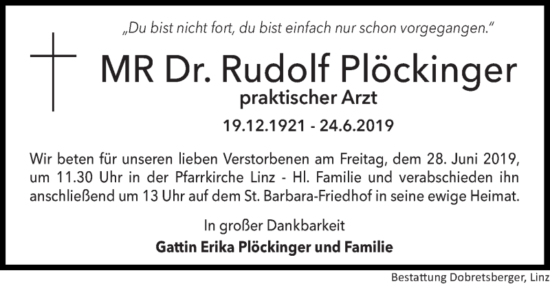  Traueranzeige für Rudolf Plöckinger vom 27.06.2019 aus OÖNachrichten