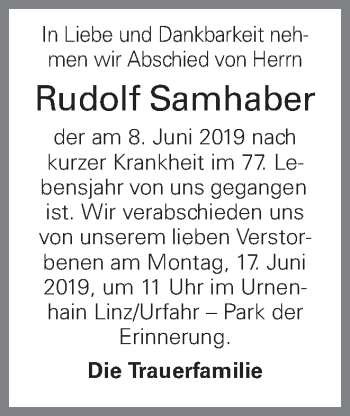 Traueranzeige von Rudolf Samhaber von OÖNachrichten