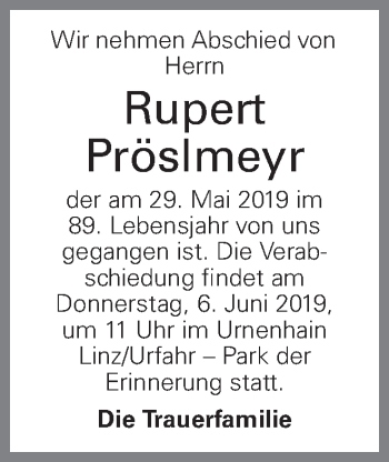 Traueranzeige von Rupert Pröslmeyr von OÖNachrichten