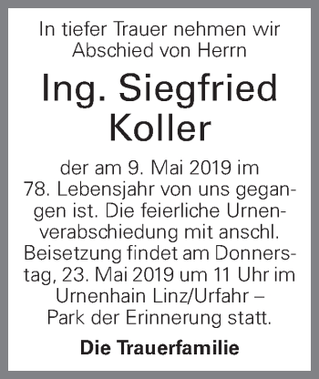 Traueranzeige von Siegfried Koller von OÖNachrichten